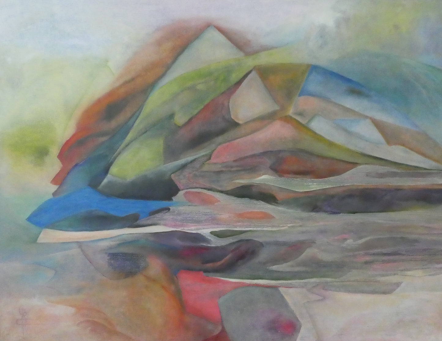 Origineel schilderij nr. 17 door Cees Korver – abstract landschap in pastelkleuren – 104x134 cm – acryl op doek – te koop