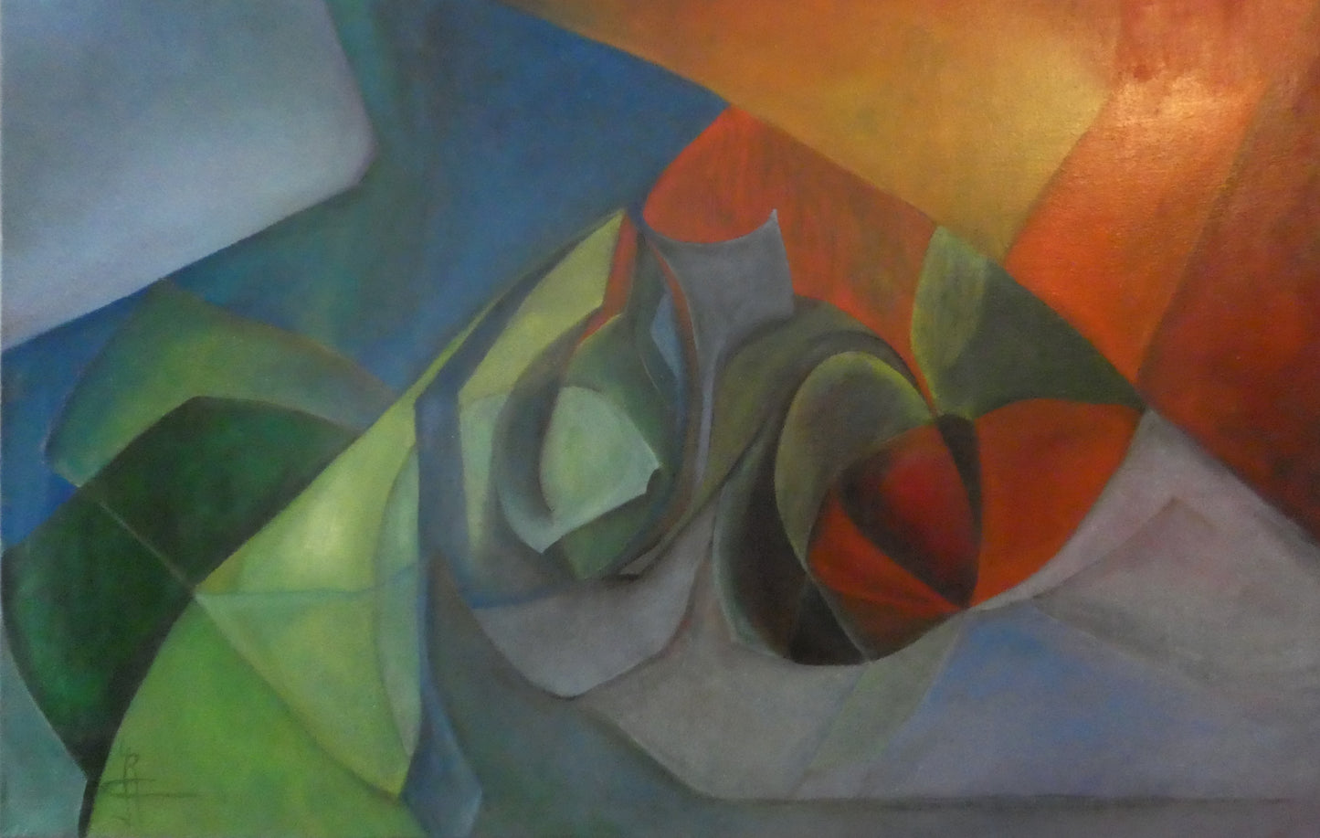 Origineel schilderij nr. 43 door Cees Korver – abstract kubistisch in blauw, groen en oranje – 72x115 cm – olie op doek – te koop