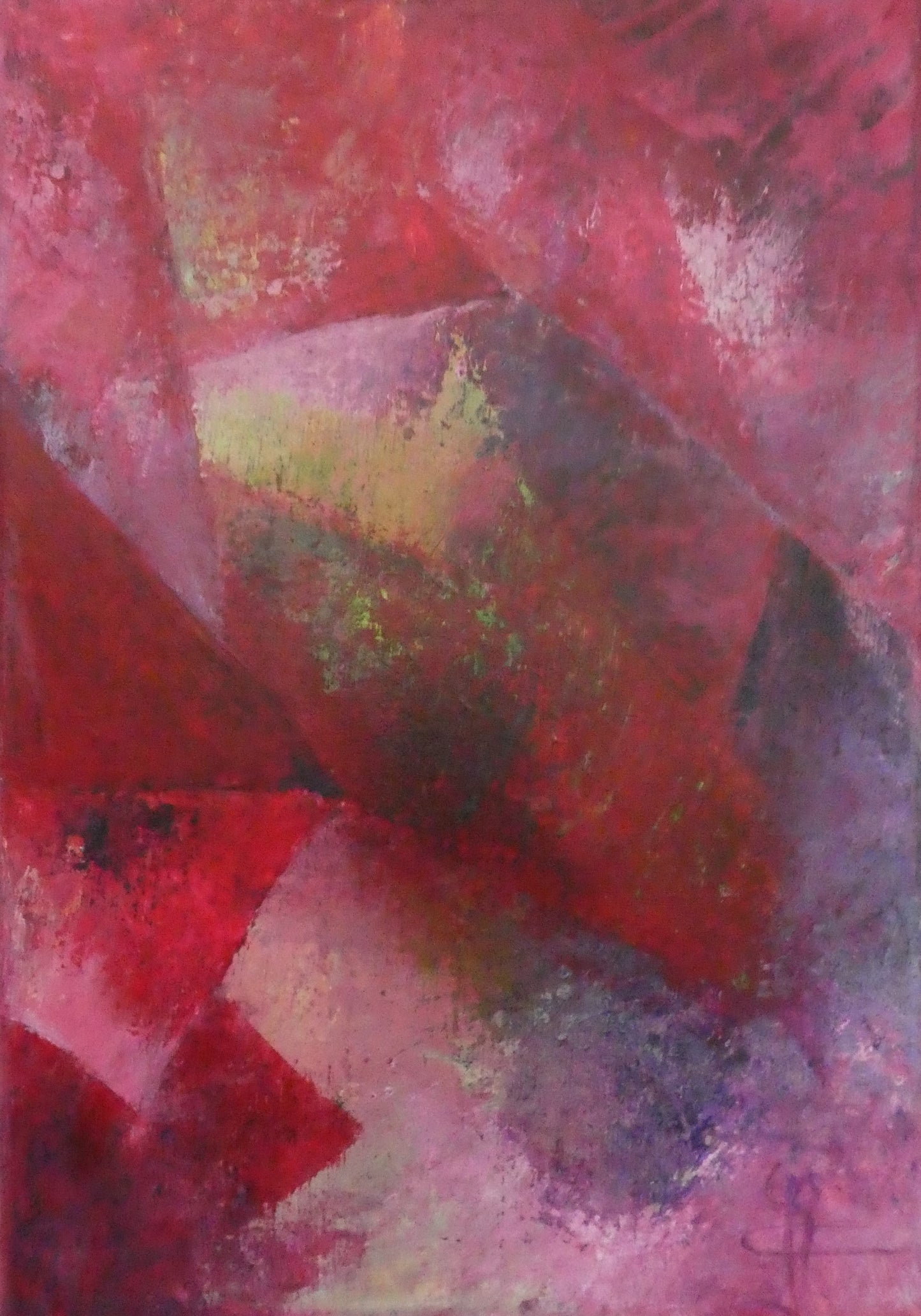 Origineel schilderij nr. 49 door Cees Korver – abstract in rood, roze en paars – 30x34 cm – acryl op doek – te koop