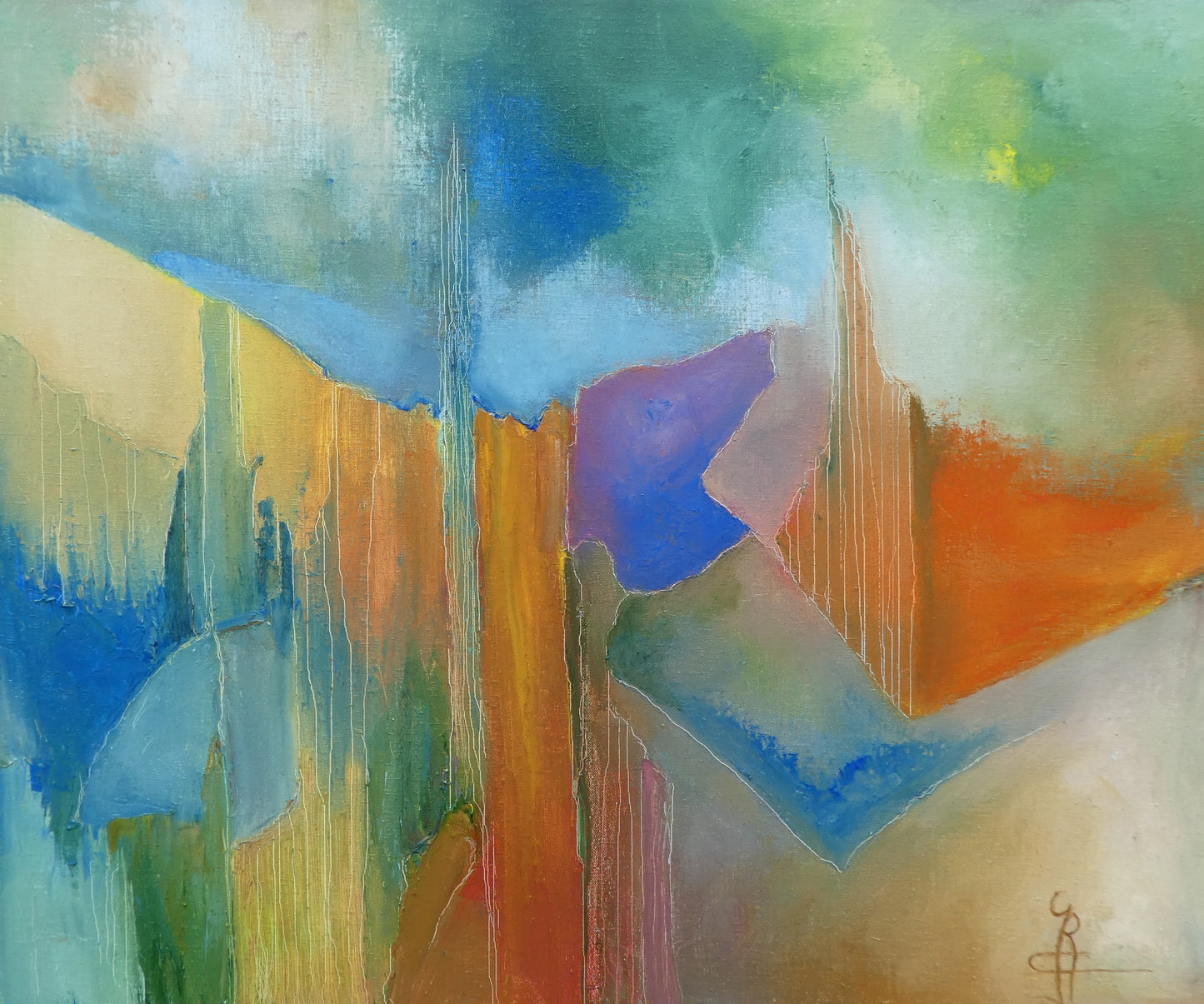 Origineel schilderij nr. 85 door Cees Korver – abstract landschap in blauw, groen en oranje – 50x60 cm – acryl op doek – te koop