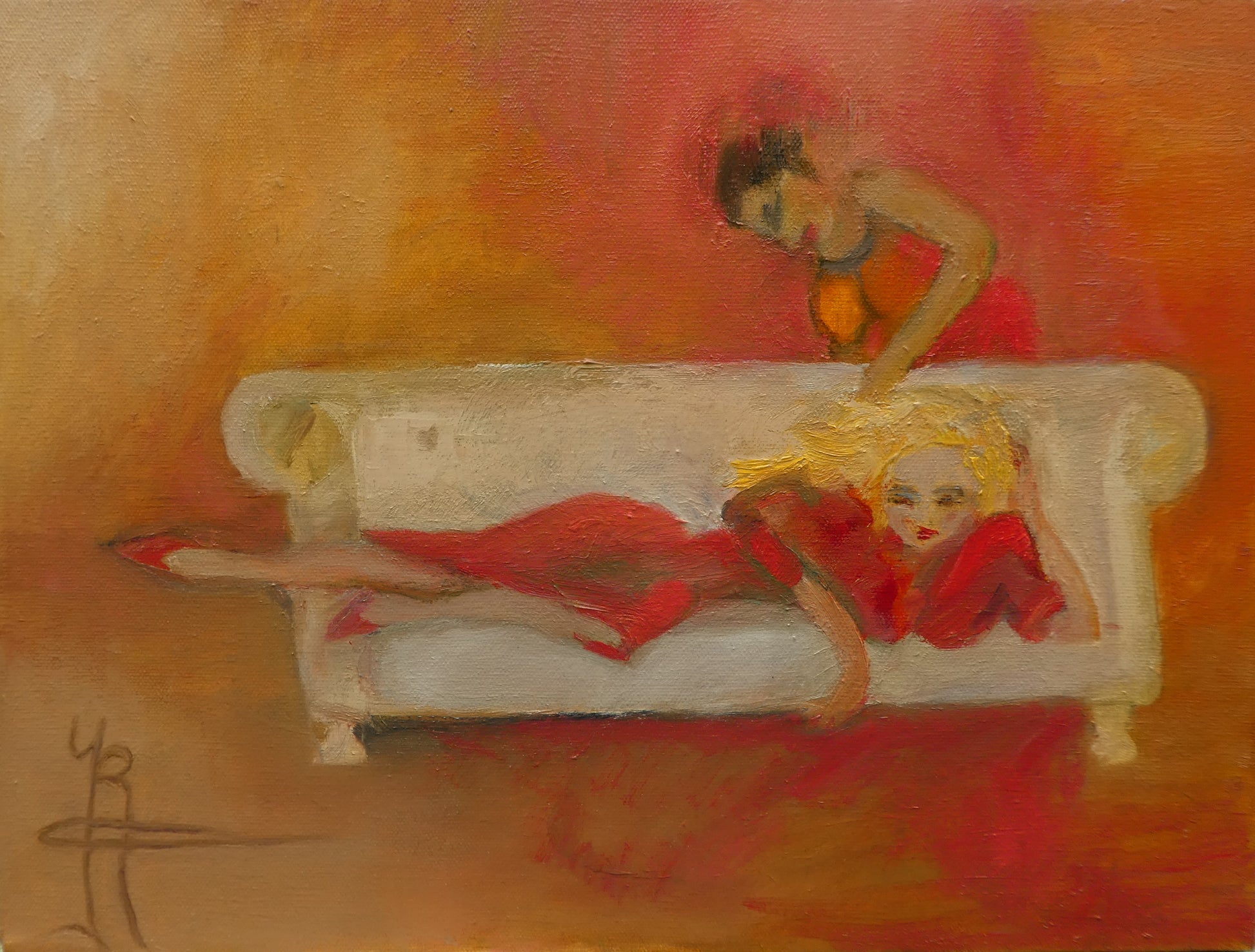 Relaxen op de Bank — origineel schilderij van Cees Korver, 40 × 30 cm