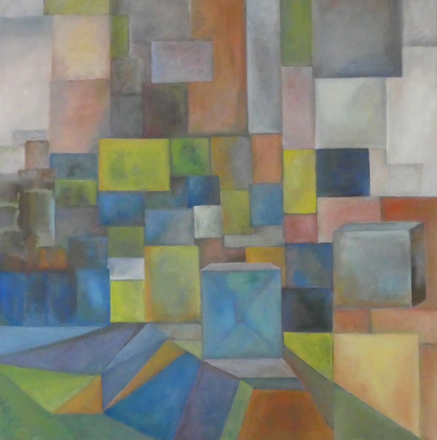 Stadsgezicht — origineel schilderij van Cees Korver, 75 × 75 cm