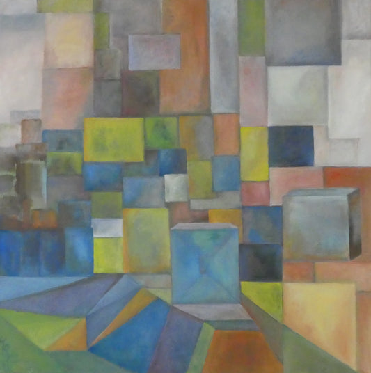Stadsgezicht — origineel schilderij van Cees Korver, 75 × 75 cm