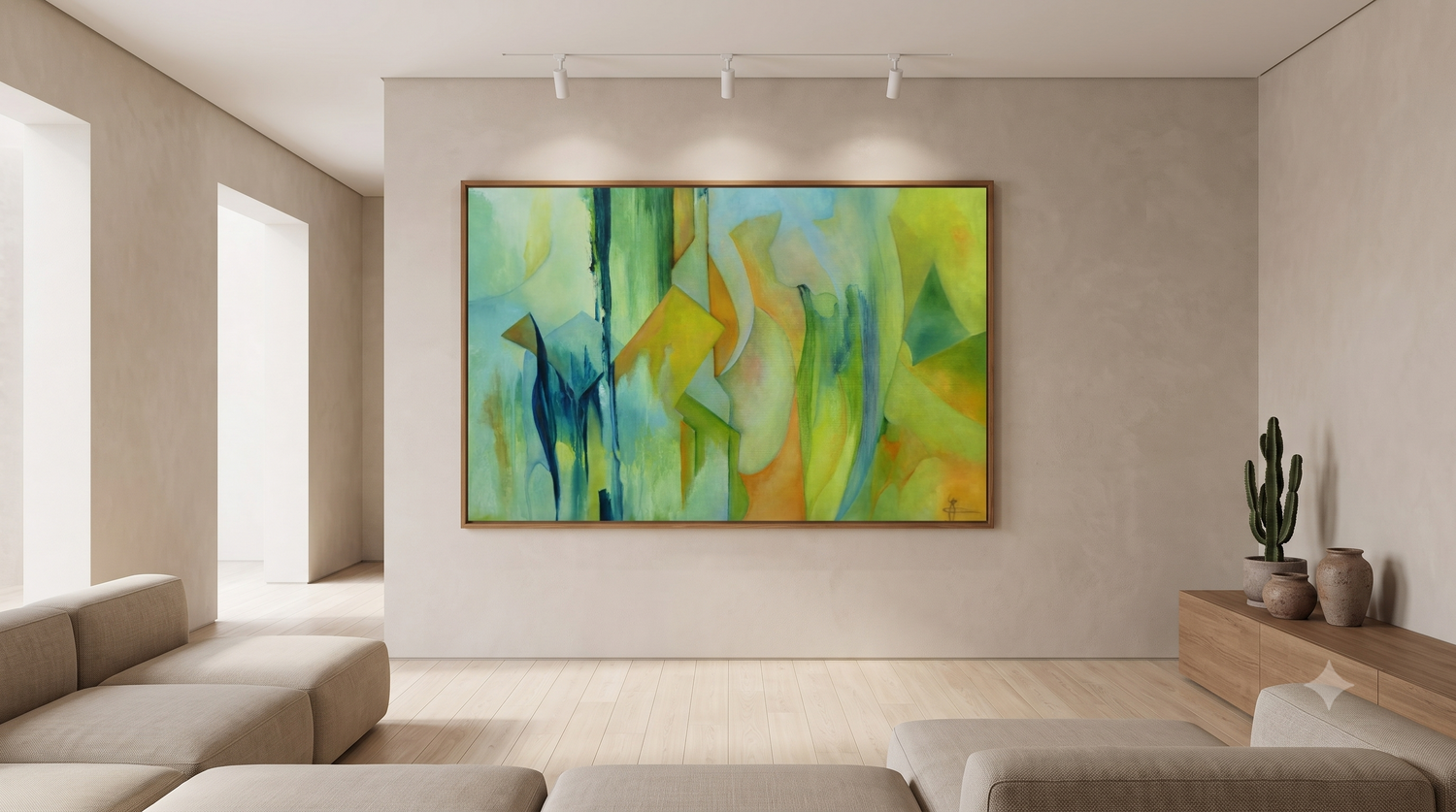 Abstract kubistisch schilderij door Cees Korver in groen, geel en blauw met vloeiende vormen, in een lichte beige woonkamer met naturel bank en cactus