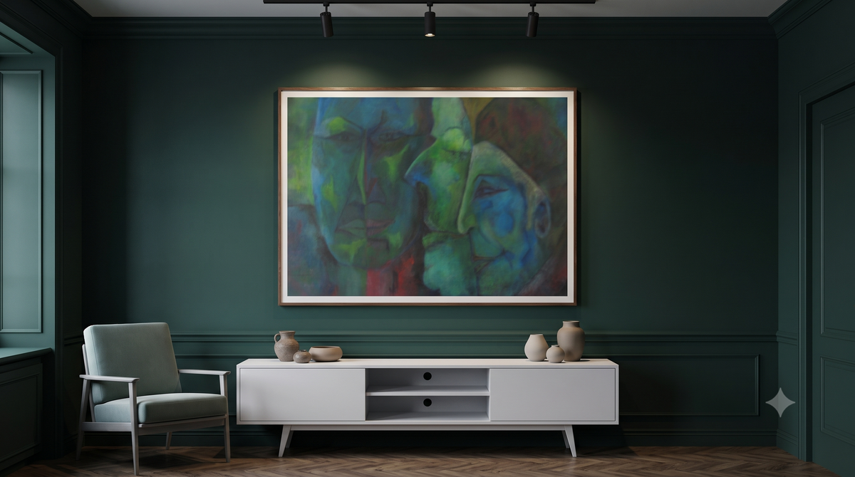 Drie-eenheid van Cees Korver in een interieur — illustratie door AI