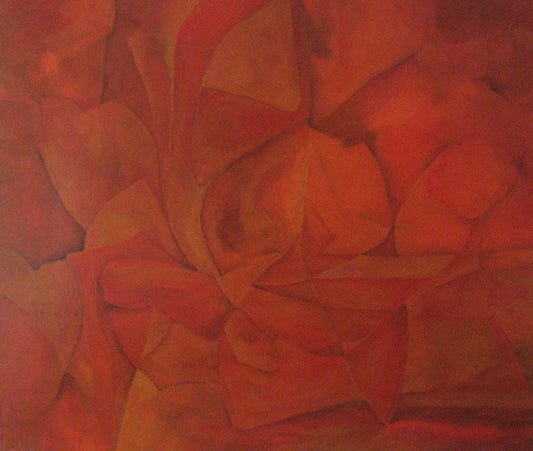 Origineel schilderij nr. 12 door Cees Korver – abstract botanisch in oranje en rood – 100x118 cm – olie op doek – te koop