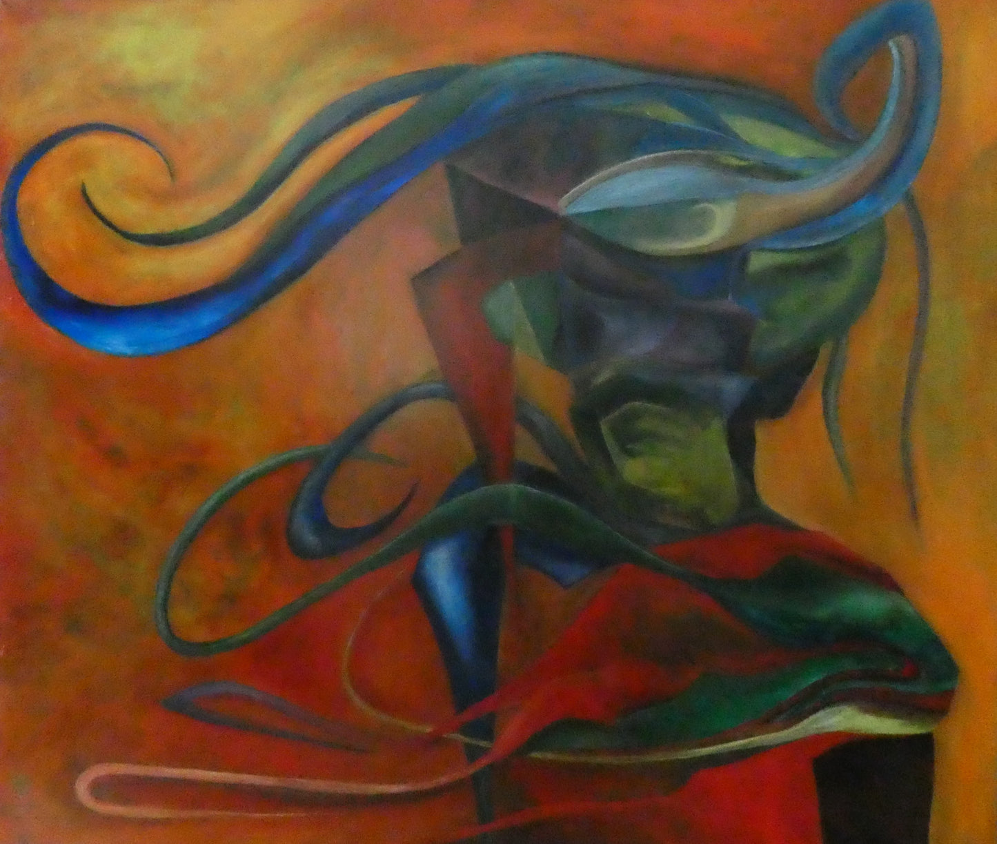 Origineel schilderij nr. 39 door Cees Korver – abstract figuratief portret in groen, oranje en blauw – 118x100 cm – olie op doek – te koop