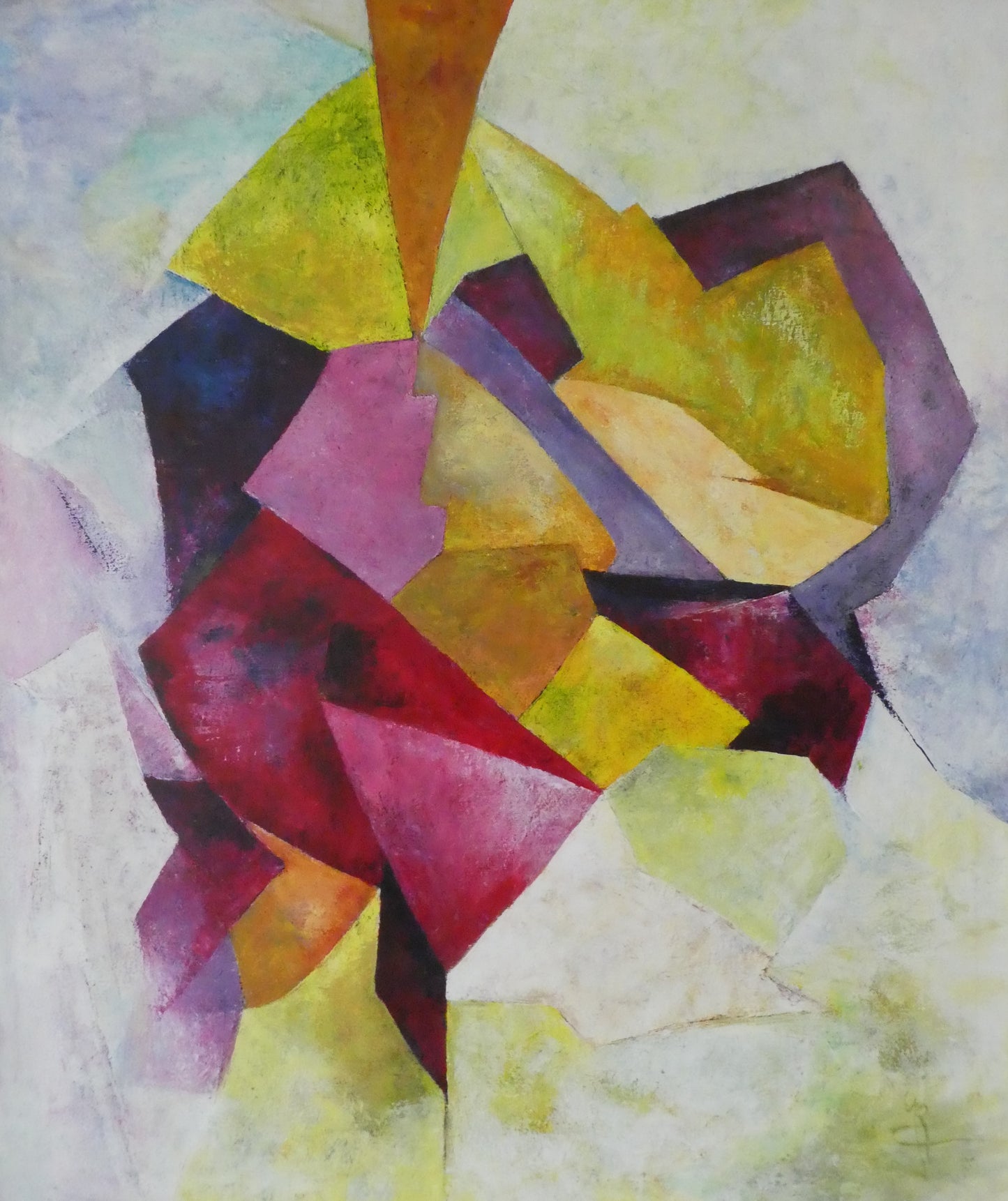 Origineel schilderij nr. 41 door Cees Korver – abstract kubistisch in geel, roze en rood – 97x117 cm – acryl op doek – te koop