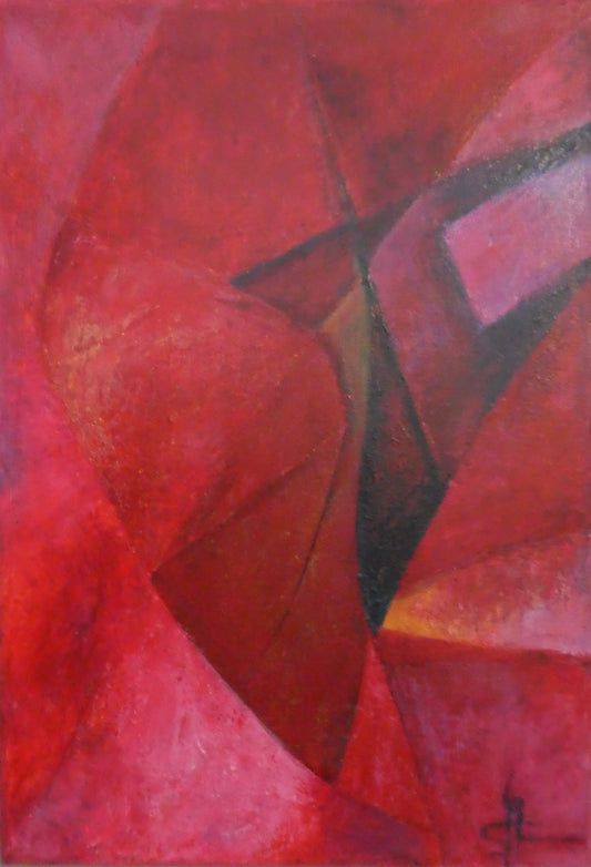Origineel schilderij nr. 48 door Cees Korver – abstract geometrisch in rood en zwart – 30x34 cm – olie op doek – te koop