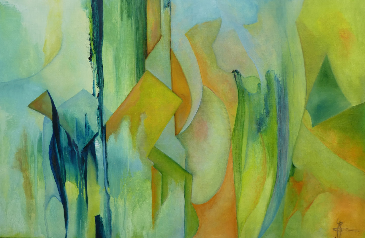 Origineel schilderij nr. 54 door Cees Korver – abstract landschap in geel, groen en blauw – 80x102 cm – acryl en olie op doek – te koop