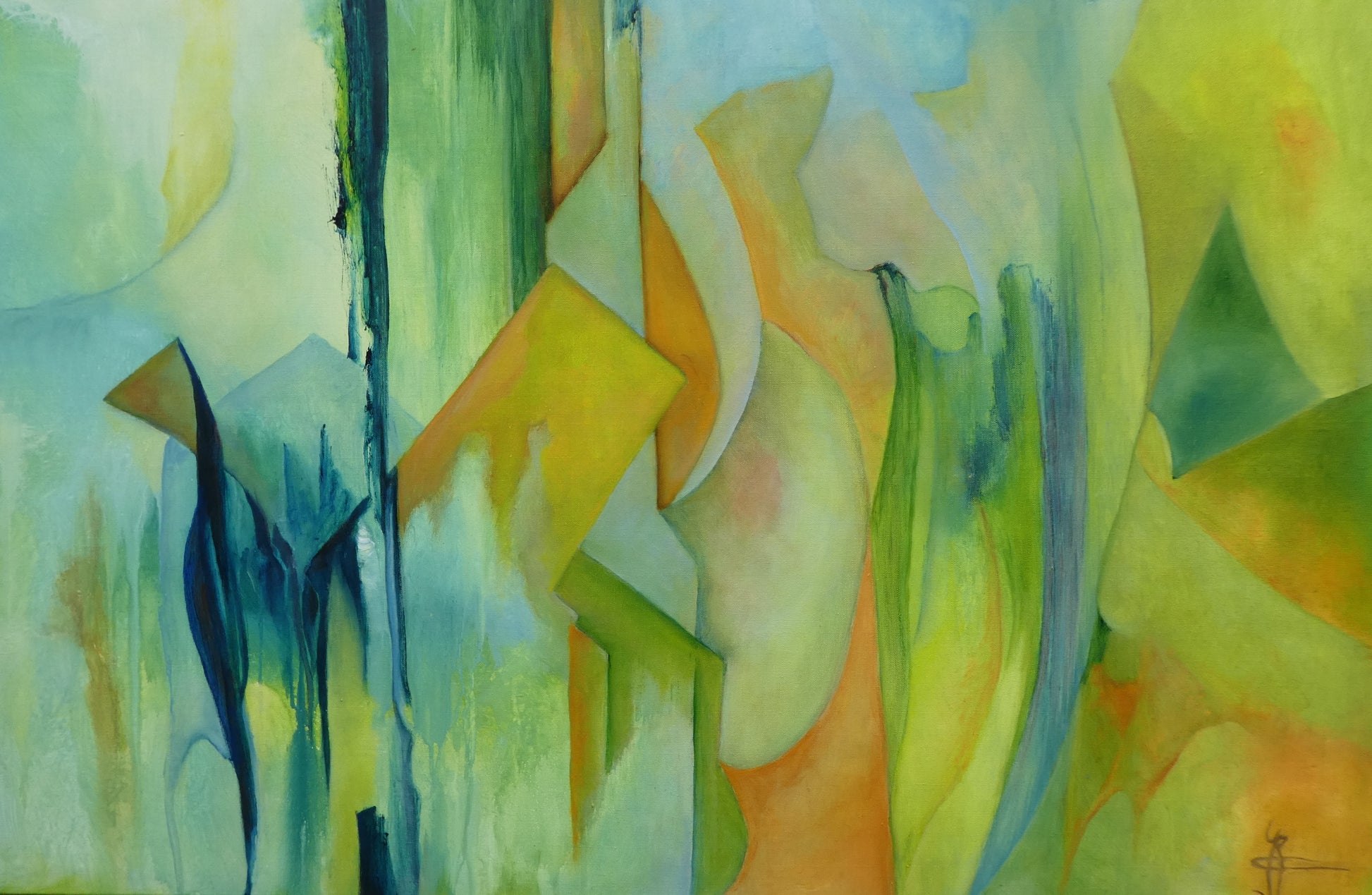 Origineel schilderij nr. 54 door Cees Korver – abstract landschap in geel, groen en blauw – 80x102 cm – acryl en olie op doek – te koop