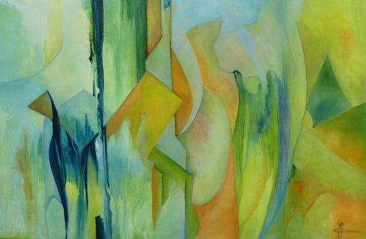 Origineel schilderij nr. 54 door Cees Korver – abstract landschap in geel, groen en blauw – 80x102 cm – acryl en olie op doek – te koop