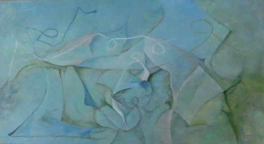Origineel schilderij nr. 65 door Cees Korver – abstract licht in blauw en wit met organische vormen – 55x100 cm – acryl op doek – te koop