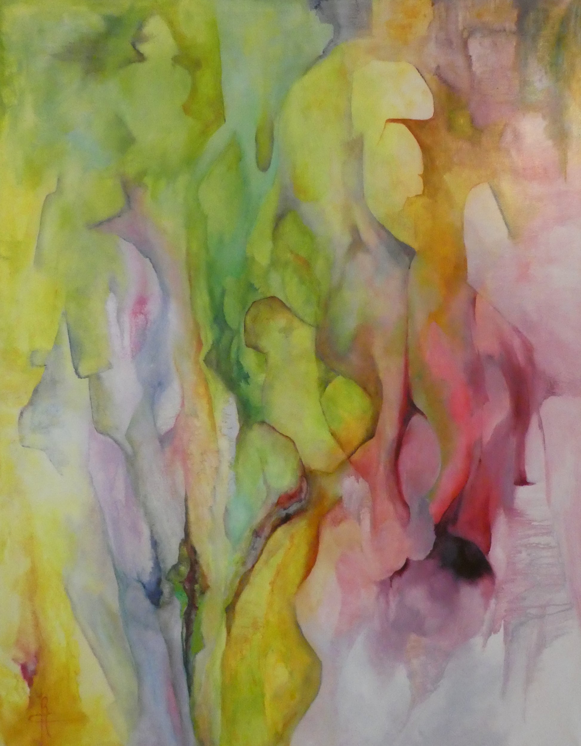 Origineel schilderij nr. 66 door Cees Korver – abstract expressief in geel, groen en roze – 105x133 cm – acryl op doek – te koop