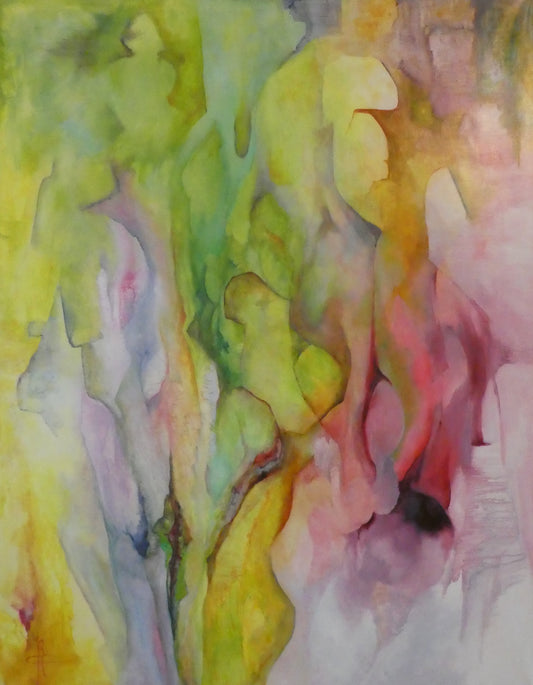 Origineel schilderij nr. 66 door Cees Korver – abstract expressief in geel, groen en roze – 105x133 cm – acryl op doek – te koop