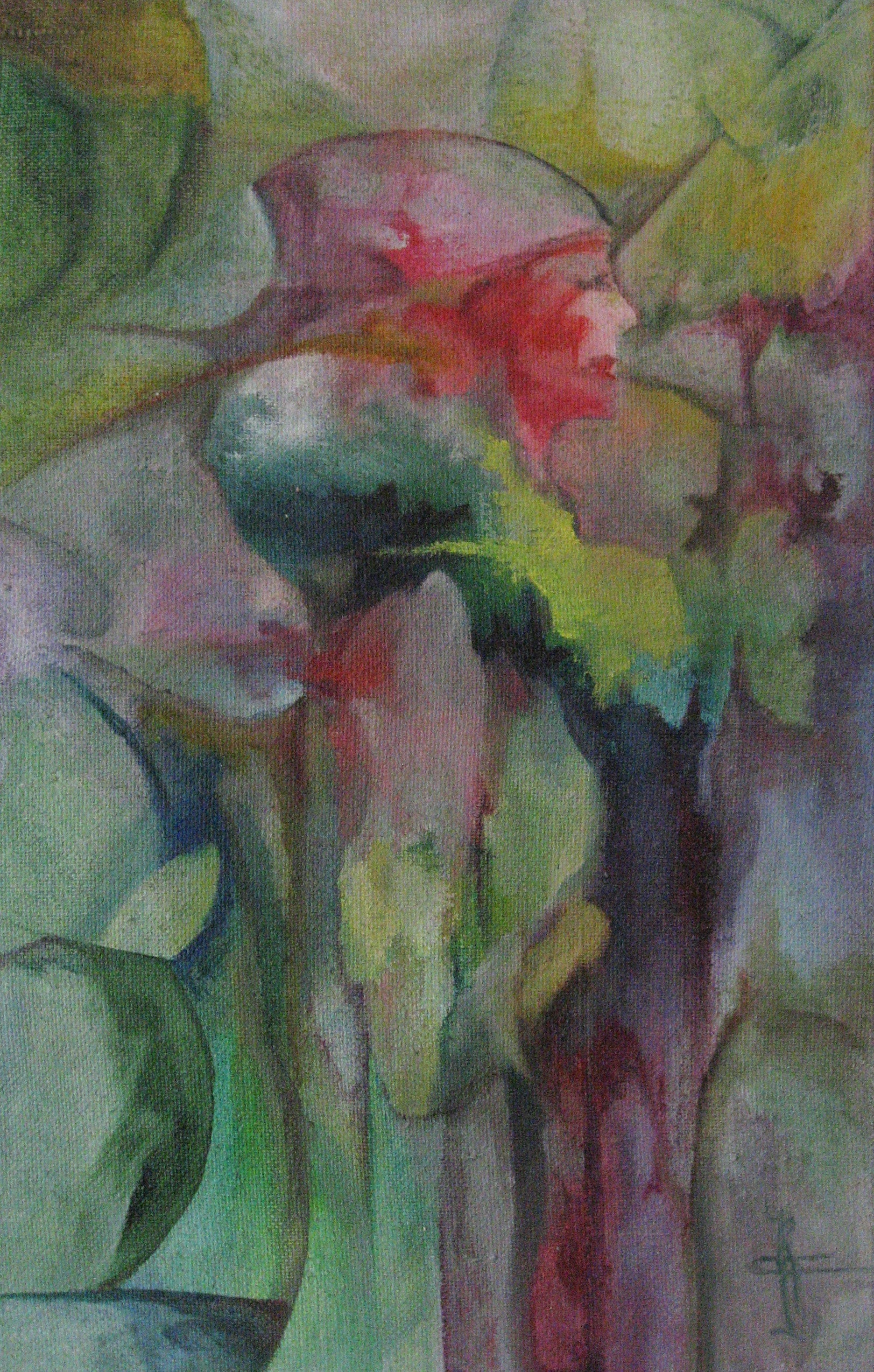 Origineel schilderij nr. 8 door Cees Korver – abstract botanisch in groen en rood – 45x70 cm – acryl op doek – te koop