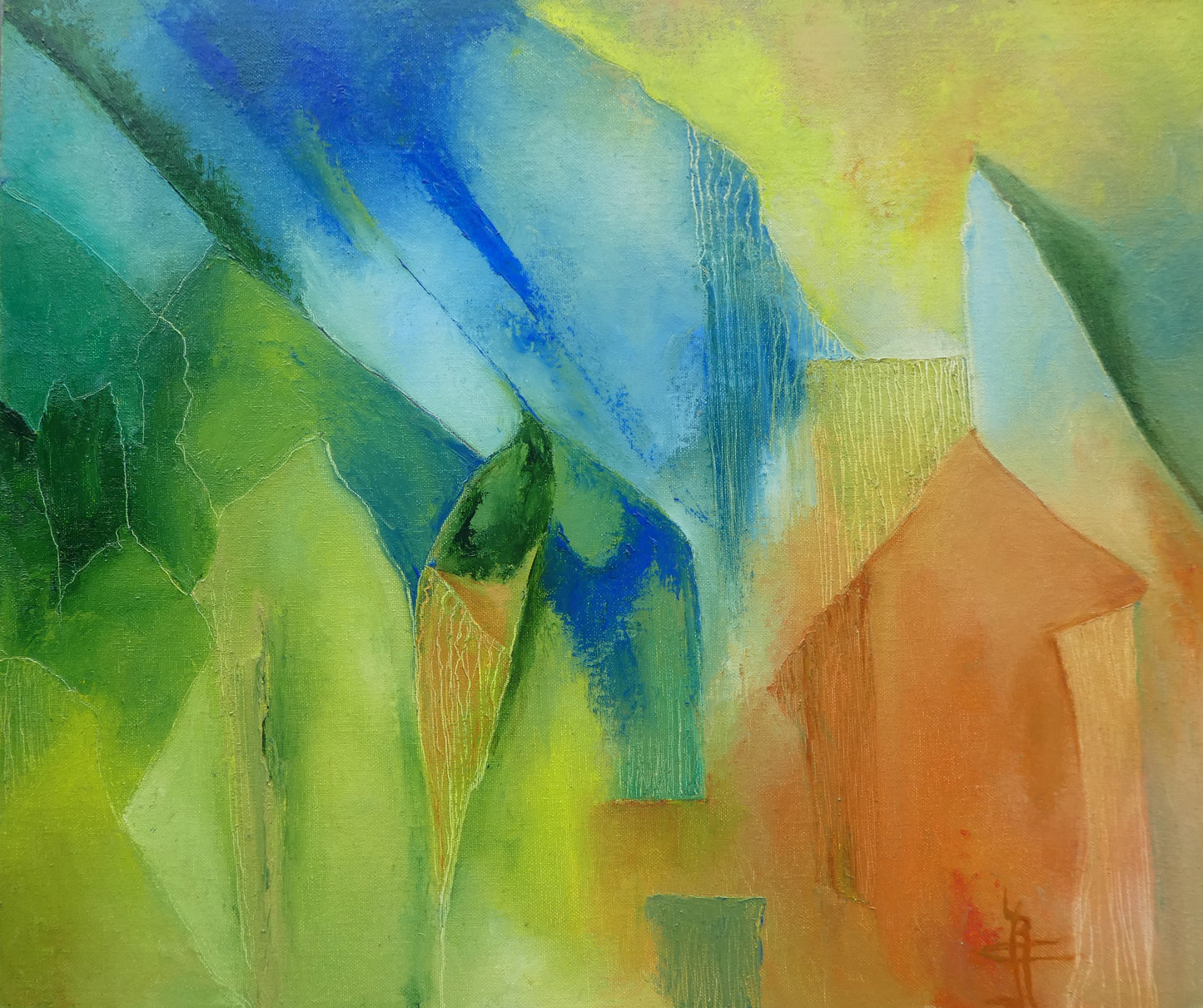 Origineel schilderij nr. 84 door Cees Korver – abstract landschap in blauw, geel en groen – 50x60 cm – acryl en olie op doek – te koop