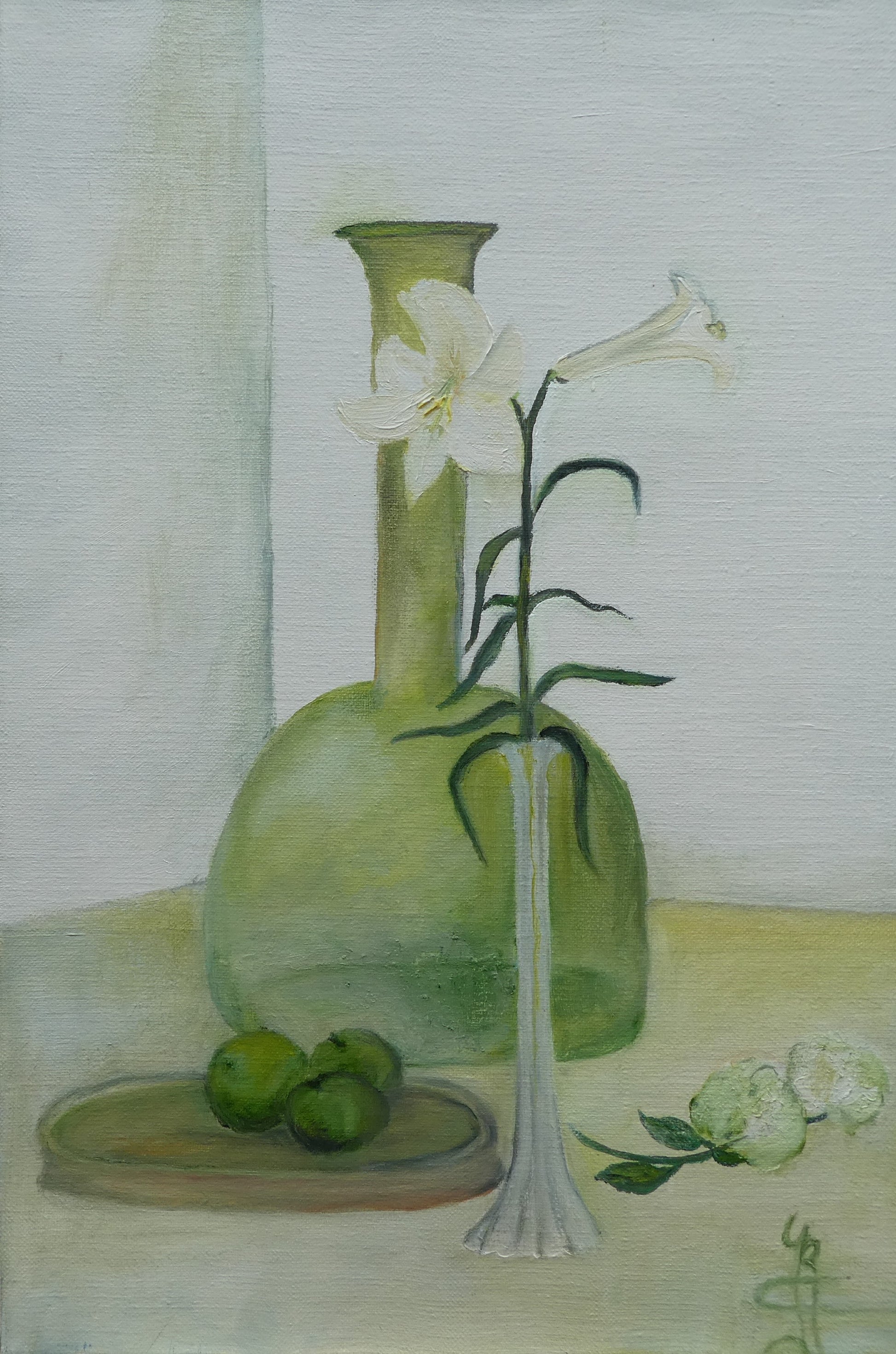 Origineel schilderij nr. 92 door Cees Korver – stilleven met witte amaryllis in groene vaas – 40x60 cm – olie op doek – te koop