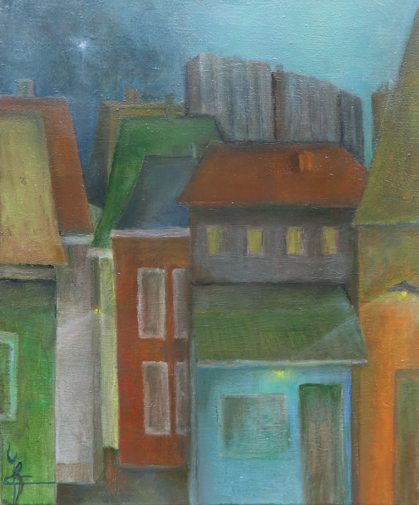 Origineel schilderij nr. 97 door Cees Korver – stadsgezicht met gekleurde huizen – 52x44 cm – olie op doek – te koop